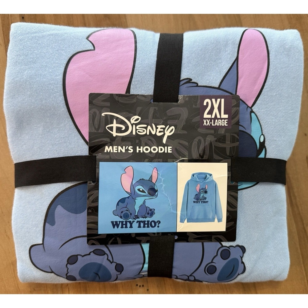 Disney Stitch Why Tho? Graphic Print Men's Pullover Hoodie XXL Light Blue Fleece